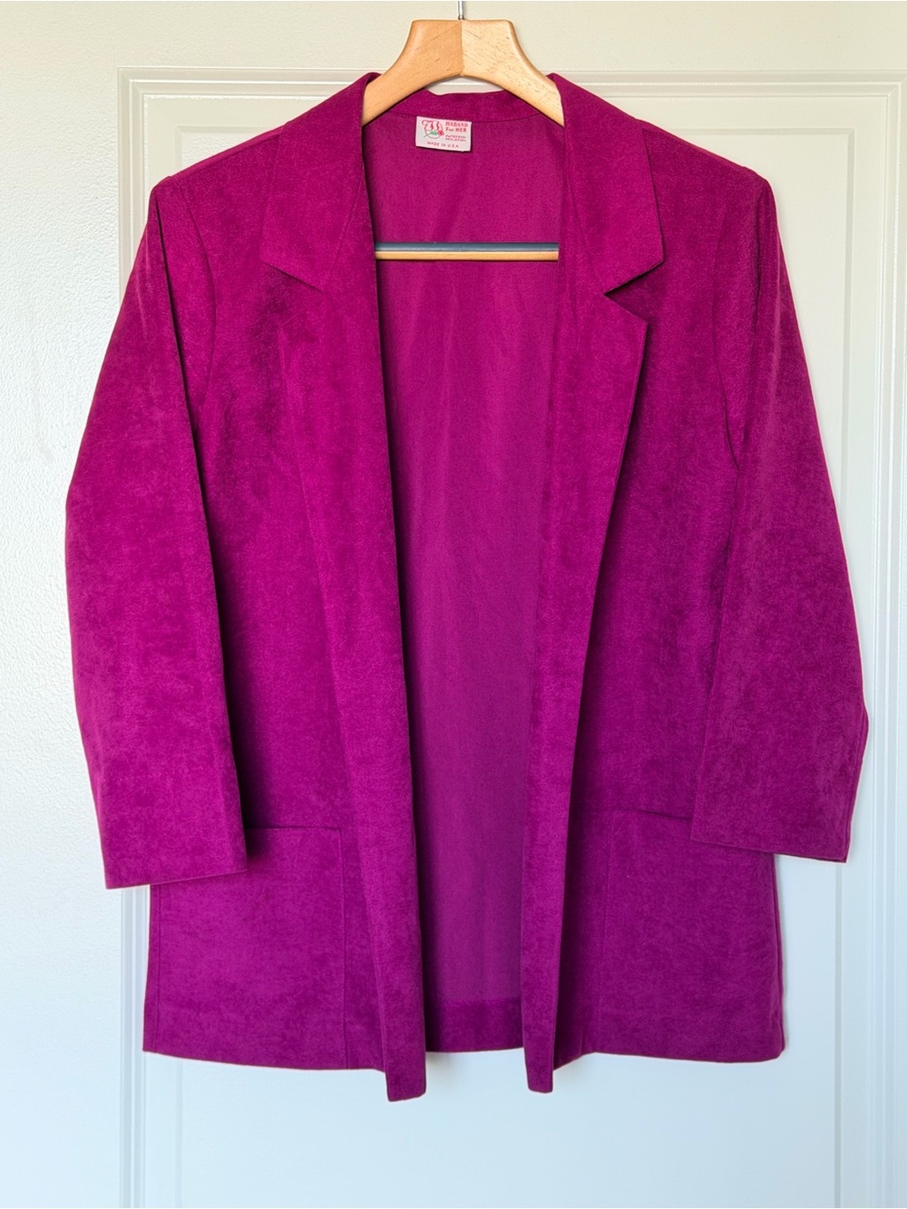 VTG Haband For Her Fuchsia Pink Faux Suede Open Front Blazer Jacket Small